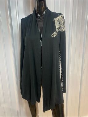 Zio wool blend Black Open-Front Cardigan with White Embroidered Shoulder Detail